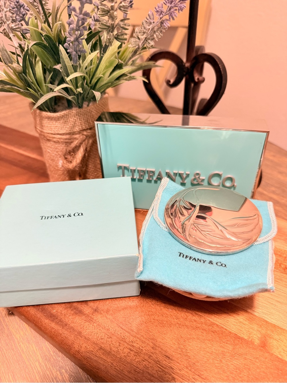 Tiffany & Co. Silverplate Compact Mirror with Tiffany Blue Pouch vintage